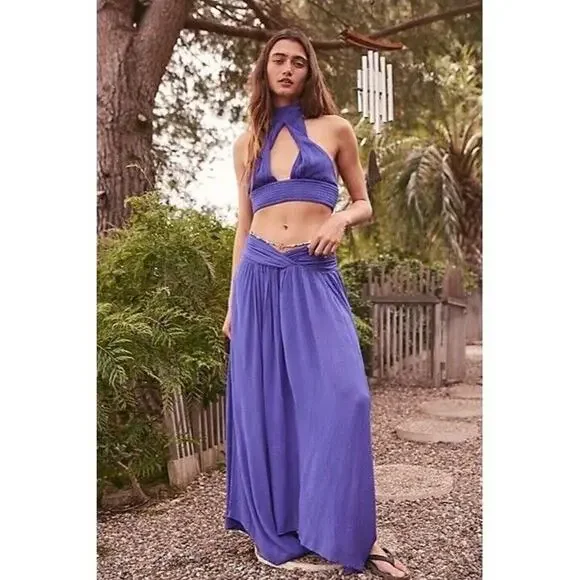 New sz L Large 8/10 free people blue be mine 2 piece crop top maxi slit skirt - Picture 1 of 7